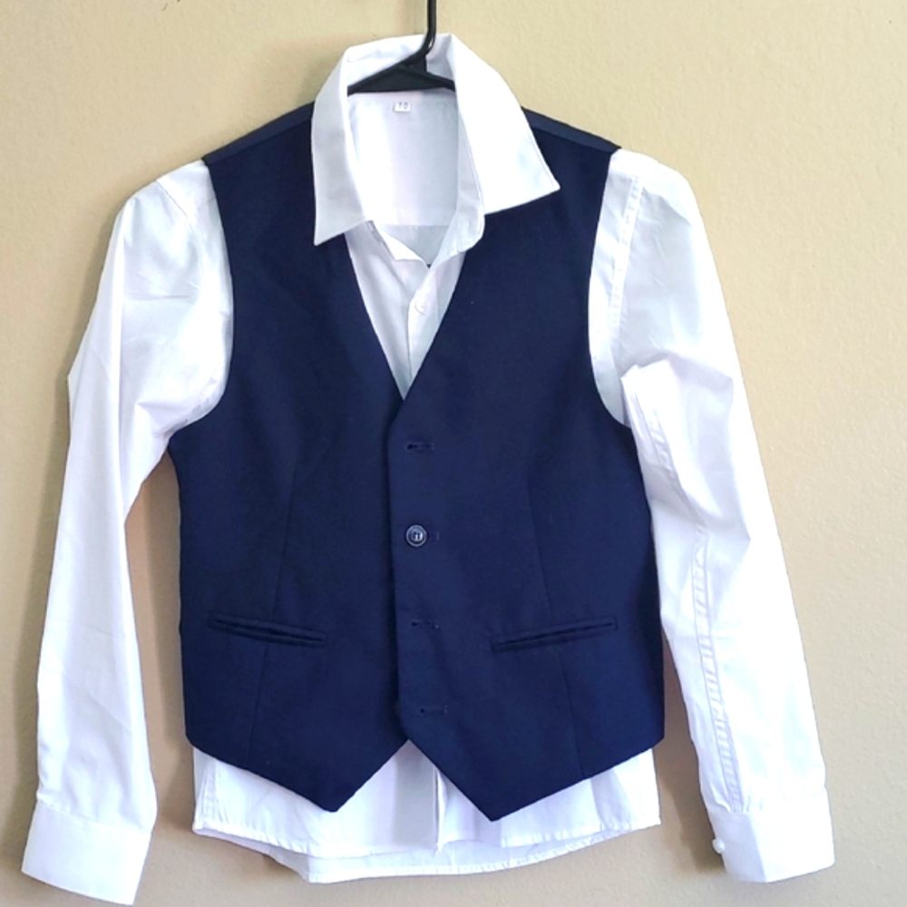 Kids White and Navy Button Down Shirt with Vest With Accessories
